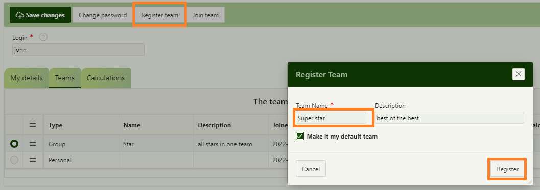 Register a team in GMCModel